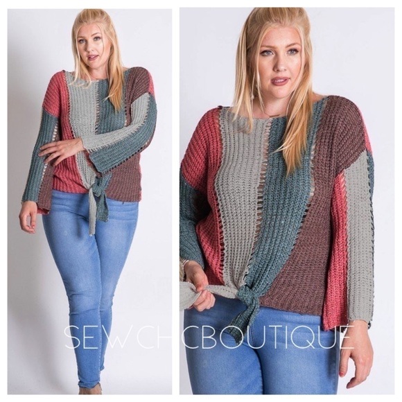 Plus Size Color Block Tie Front Sweater - Picture 1 of 4